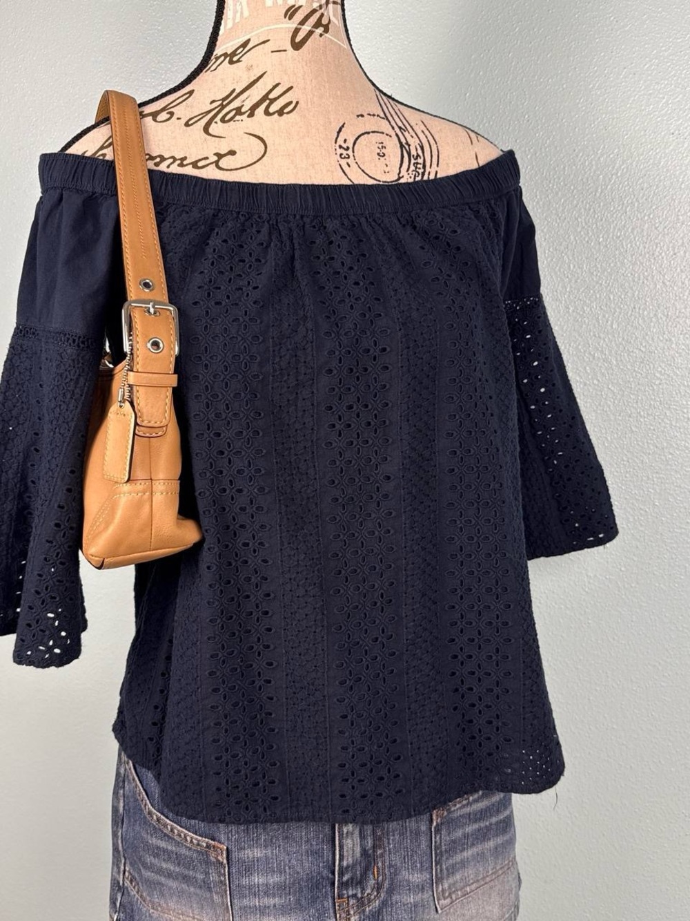 Abercrombie and Fitch Navy Blue Off the Shoulder Eyelet Knit 100% Cotton Top